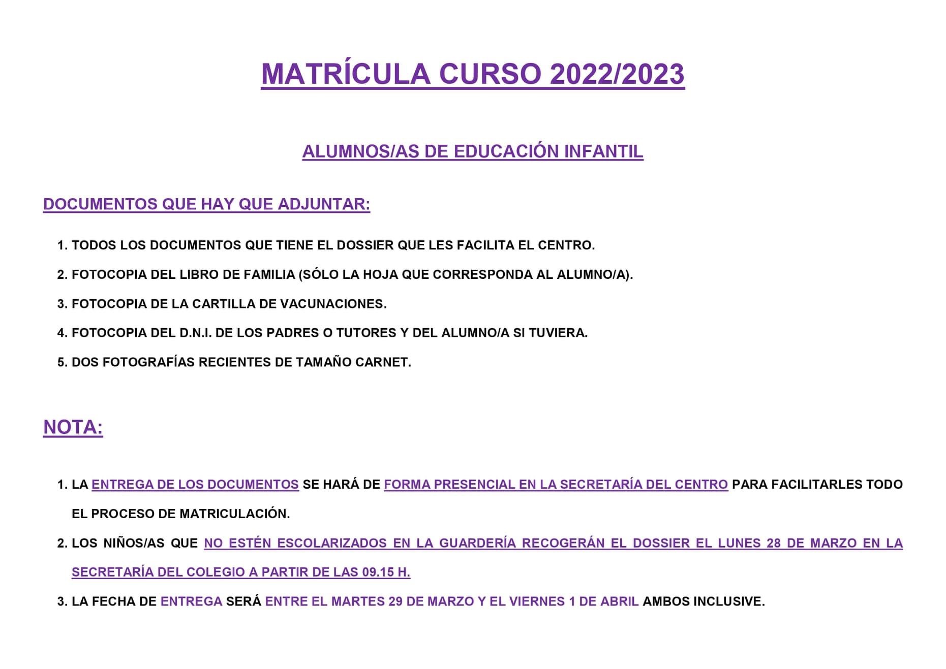 Matrícula curso 22 23
